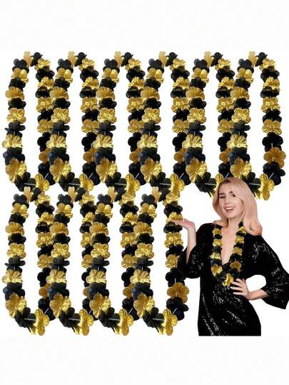 5/10PCS Black Golden Leis Necklace Hawaiian Flower Leis Bulk Tropical Hula Dance Party Flower Garland For Birthday Wedding Carnival Party Decorations
