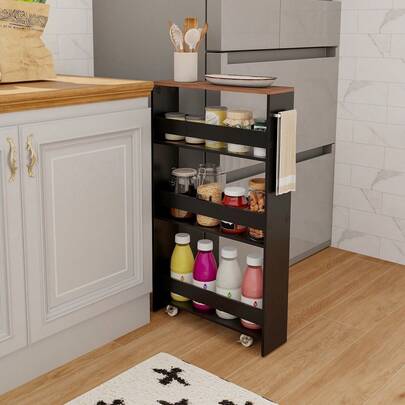  COSTWAY 4-Tier Slim Storage Cart, Narrow Mobile Serving Cart W/ Open Shelves, Rolling Kitchen Cart On Wheels, Space-Saving Slide-Out Utility Cart For Kitchen, Bathroom, Living Room, Black