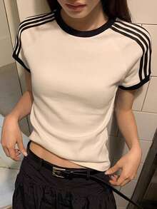 4-Stripe Women's Student White Simple Street Style Casual Commute Personalized Y2K Fitted Waist Sexy Round Neck Short Sleeve T-Shirt, Spring/Summer - White - View 7