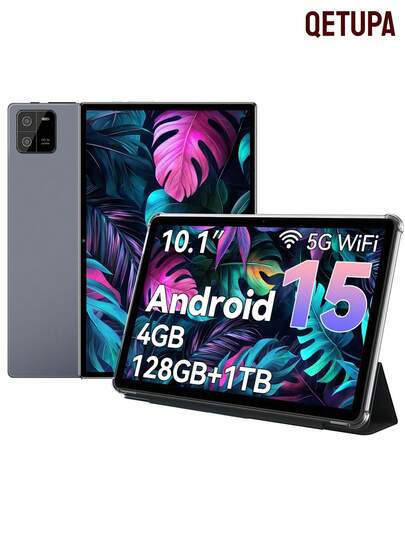 Qetupa Tablet Android, Android 15 10 Inch Tablets, Octa-Core Tablet, 4GB RAM, 128GB ROM, 1TB Extended, 6000mAh, 1280x800 High Definition Touchscreen, 5 Million Pixels + 13Million Pixels, WiFi, Dual Cameras 802.11ac Wi-Fi 5, BT 5.2, 2MP+5MP Dual Camera