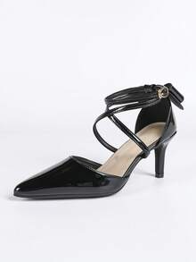 女士黑色高跟鞋，新款夏季尖头性感漆皮细跟高跟鞋 - 黑色 - 查看 7