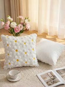 1pc Pink Daisy Decorative Pillow Cover Set, Countryside Style Floral Heart Soft Plush Jacquard Cushion Cover For Home Sofa, Spring/Summer - White - View 2