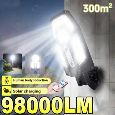 98000LM Superljus Solcellsgatubelysning Människokroppsavkännande LED-trädgårdsvägglampa med fjärrkontroll Vattentät säkerhetsbelysning Lämplig för trädgård, garage, gatu- och kommersiella områden
