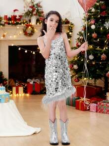 LONTAKIDS Girls Sequin Dress Kids Sparkly Gown For Christmas Birthday Party Wedding With Spaghetti Strap Detachable Feather Hem - 銀色 - 查看 2