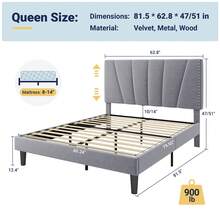 Allewie Full/Queen/King Size Bed Frame With Adjustable Velvet Upholstered Headboard, Rivet-Style Nailhead Trim Detail Platform Bed Frame, Wooden Slat Support, No Box Spring Needed, Easy Assembly, Grey - 灰色 - 查看 9