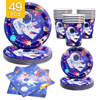 1 Set Space Explorer Disposable Plates, Napkins, Cups For 8 Guests, Suitable For Birthday, Wedding, Theme Party, Family Picnic