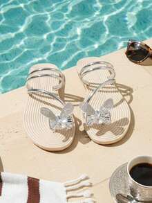 planare New Women's Casual Vacation Style Round Toe Slip-On Peep Toe Rhinestone Butterfly Comfortable Lightweight Summer Fashion Silver Flat Sandals, Suitable For Casual, Daily, Party, Beach Matching, Comfortable And Stable - Silver - View 6