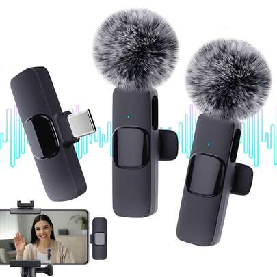 Micrófono inalámbrico de solapa, compatible con iPhone y interfaz Tipo C, chip de reducción de ruido de ultra baja latencia de 2.4G, micrófono de solapa mini para conexión 2.4G/3G/4G/5G, adecuado para transmisión en vivo, entrevistas, grabación de canciones, podcasts de video y creadores de contenido, batería recargable de 50mAh