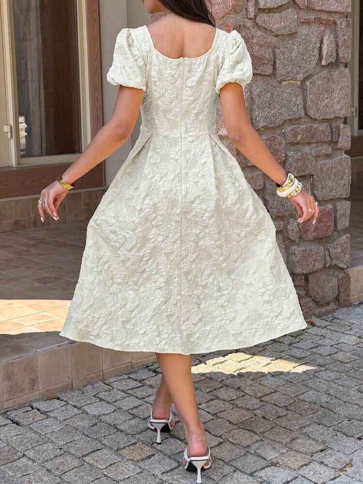 女士春夏优雅方领花瓣袖花卉纹理收腰喇叭下摆中长连衣裙，适合度假、婚礼、派对等场合。 - 米色 - 查看 7