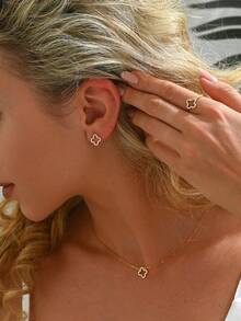 4pcs/Set Fashionable Minimalist S925 Silver Hollow Flower Pendant Necklace, Earrings, Ring Jewelry Set For Women, Daily Wear & Gift - Yellow Gold - View 1