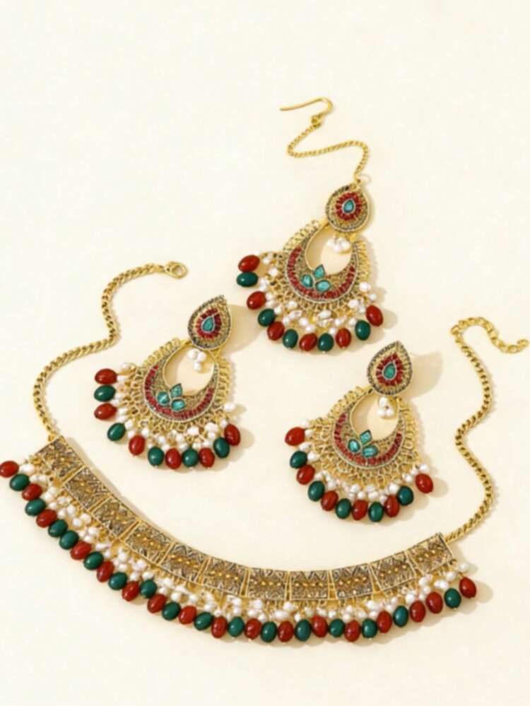 Set de 4 piezas de collar y aretes de joyería colorida, moda de Oriente Medio, adecuado para baile - Amarillo Oro - Añade 8