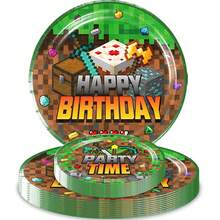 50件套我的世界主题生日派对一次性餐具套装，包括像素风桌布、纸杯、纸盘和刀叉 - 彩色 - 查看 3