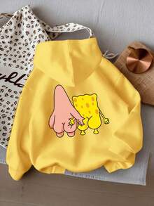 SpongeBob SquarePants 女士秋冬纯棉趣味卡通动物印花落肩卫衣，百搭，氛围/复古/街头/英伦/学院风，情侣款连帽衫，情人节、男女皆宜，约会、浪漫出游皆可穿着。 - 鮮黃色 - 查看 1