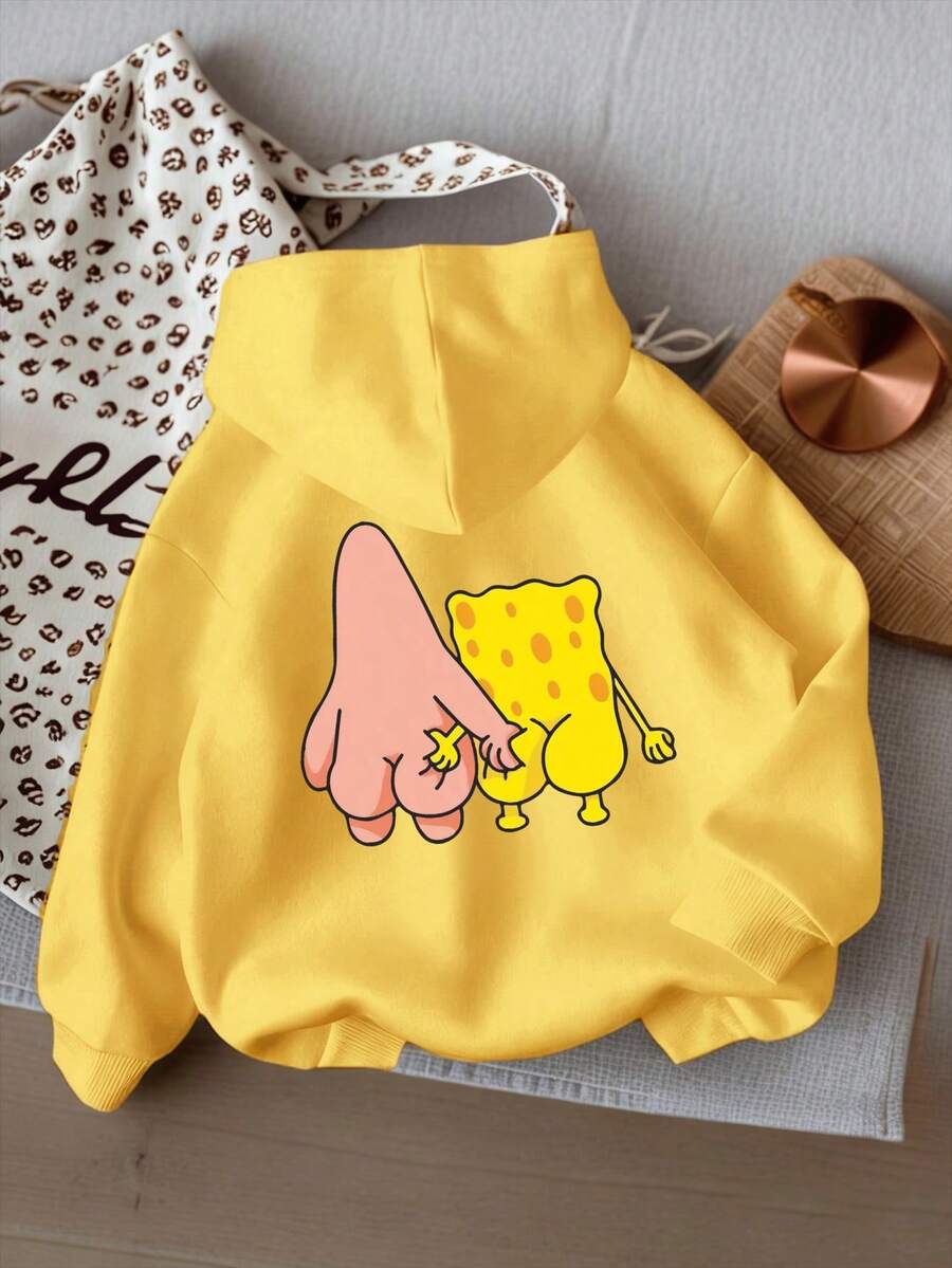 SpongeBob SquarePants 女士秋冬纯棉趣味卡通动物印花落肩卫衣，百搭，氛围/复古/街头/英伦/学院风，情侣款连帽衫，情人节、男女皆宜，约会、浪漫出游皆可穿着。 - 鮮黃色 - 查看 1