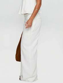 Womens Casual Long Pants Loose Striped Solid Mid Rise Wide Leg Trousers For Daily Outdoor - White - View 2