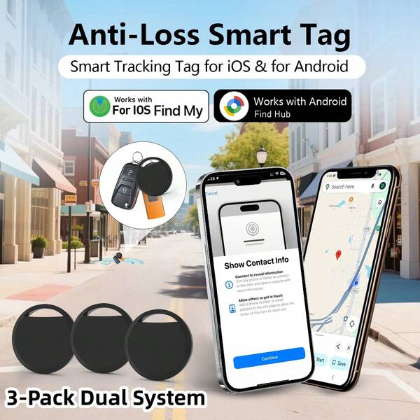 RSH 3pcs Dual System Tracking Tags, Compatible With Android And IOS, Precise Locating Key Finder Tracking Device, Smart Tracking Tag, Suitable For Luggage, Wallet, Bags - Compatible With IOS "Find My" And "Find Center" Tracking Locator