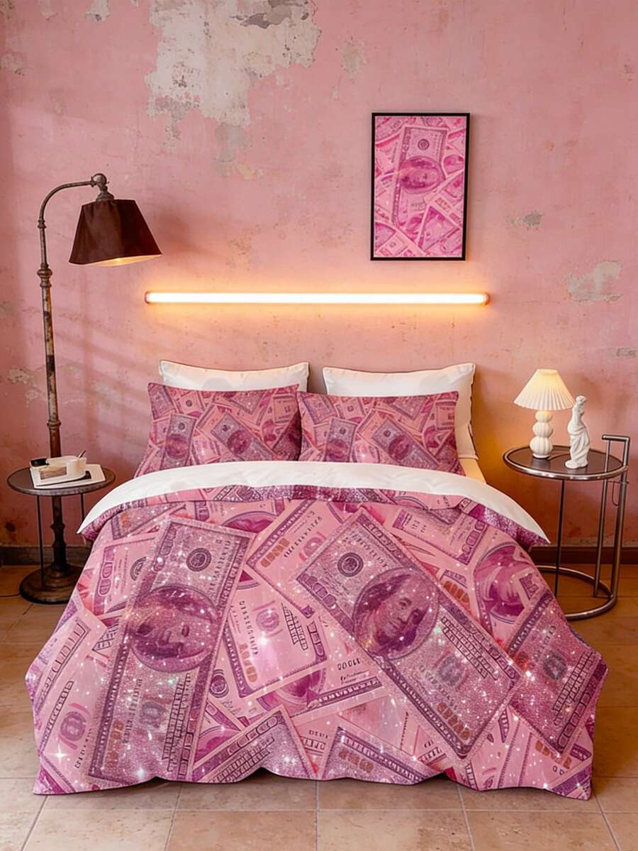 3pcs Dollar Print Comfy Bedding Set, Suitable For Bedroom And Guest Room (1pc Duvet Cover + 2pcs Pillow Shams, Inserts Not Included) - Pink - View 1