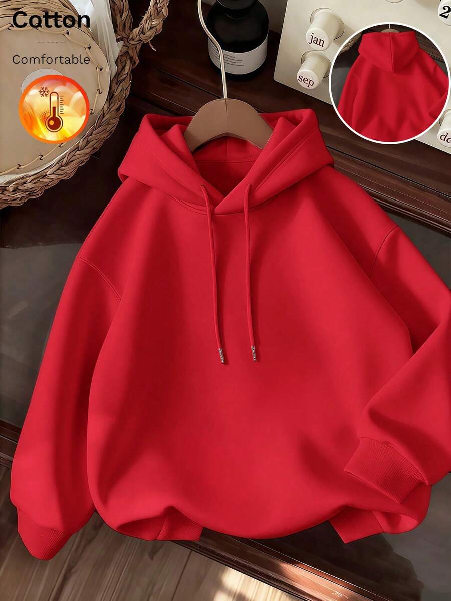 棉質女款上衣，女款落肩衛衣，秋冬厚實布料保暖寬鬆連帽衫，適合寒冷天氣 - 紅色 - 查看 1