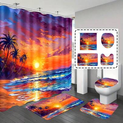 1件/4件套日落棕榈树图案浴室浴帘套装，浴室装饰，浴垫，浴室礼品，海洋主题，含12个挂钩