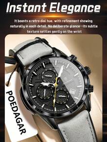 POEDAGAR 1件男士时尚休闲石英日历计时腕表，PU皮表带，防水夜光，适合日常佩戴，男士礼物 - 黑色 - 查看 10