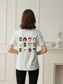 1pc Women's Casual Loose T-Shirt, Pixel Portrait Graphic Design, College Street Style, Versatile Round Neck Top, Summer 2026 - Light Gray - View 3