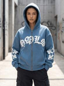 Y2K Gothic Punk Fashion Zipper Hoodie For Women With Snowflake Pattern And Letter Print Design Warm Fall Winter Jacket, Versatile Daily Wear, Back ToSchool, Graduation, Teacher Attire, Outdoor Fitness,Running, Valentine'S Day, Christmas Party - 藍色 - 查看 1