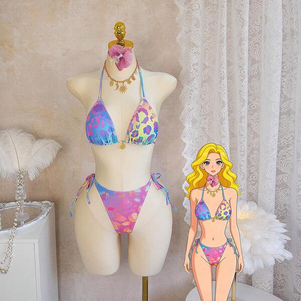 Leopard Print Elegant Cute Tie-Up Backless Bikini Set, Suitable For Stage, Concert, Night Date, Beach Vacation Summer