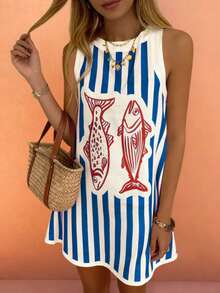 Đầm không tay họa tiết cá sọc tương phản, phong cách Bohemian mùa hè, thoải mái, giản dị, cổ điển, dành cho nữ, thích hợp cho bữa ăn trưa hoặc tiệc nhẹ. - Màu xanh lam - Xem 3