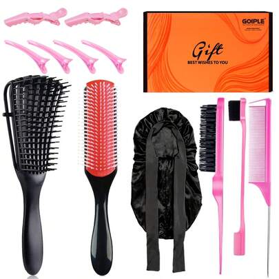  Goiple Women's Hair Styling Tool Set, Complete Hair Care Tool Kit Including Anti- Hair Brush, Tail Comb, Sectioning Clips, Satin Hair Cap, Gentle Scalp Massager, Suitable For Daily Styling, Braiding, Wigs, Great Gift For Birthday, Valentine's Day And More