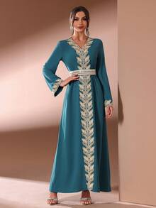 雪纺V领长袖镶嵌蕾丝腰带超长款女士阿拉伯连衣裙 春季 - 水鴨藍 - 查看 4