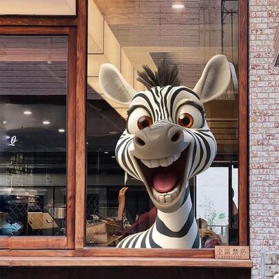 Lachender Zebra Cartoon Aufkleber - wiederverwendbar, klebefrei PVC Aufkleber für Glas & mehr - perfekt für Wohnzimmer, Schlafzimmer, Badezimmer, Büro Dekoration