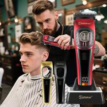 Hatteker 1pc LCD Display Rechargeable Hair Clipper With 9000 RPM High Speed Motor - Red - View 9