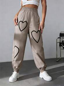 Heart Print Sporty Women's Drawstring Pants, Casual Commuter Slim Fit Lightweight Polyester Jogger Pants For Summer Spring - Khaki - View 3