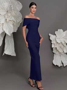 露肩绷带针织紧身连衣裙，奢华欧式风格，修身铅笔裙，适合家庭聚会、派对、宴会、婚礼等春季派对场合。 - 寶藍色 - 查看 4