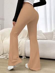 Pantalones acampanados de cintura alta de unicolor con bolsillos laterales, adecuados para uso casual, deportivo, yoga, leggings de compresión, correr, fitness en primavera para mujeres - color tierra - Ver 3