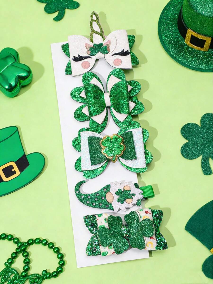 5 piezas Pasadores de pelo con trébol de San Patricio, lazo verde, unicornio irlandés princesa (sin tarjeta de papel) - color mezclado - Ver 1