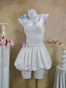 Đầm ngắn Happy Girl kiểu dáng thanh lịch, phối ren, nơ, dây mảnh, eo xếp ly, viền bèo nhún, chất liệu nhẹ, phong cách nghỉ mát, thích hợp cho mùa xuân/hè. - trắng - Xem 2