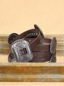 Valentine's Day,1pc Women's Coffee Color PU Round Buckle Belt, Fashionable Classic Leather Belt Suitable For Everyday Use Fall, Autumn, Halloween,Belts For Women,Western Belt, Youth,Casual, Outdoor, Athletic, Vacation, Metal Chain Decorative Belt For Women, Simple Yet Versatile Dress, Fashionable Body Chain, Circular Hollow Waist Chain - 彩色 - 查看 4