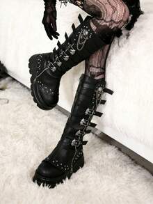 Women's Punk Thick-Soled Knee High Boots Wedge Heel Side Zipper Shoes Belt Buckle With Skull Chain Rivet Decor Fashionable Fall Boots - 黑色 - 查看 9