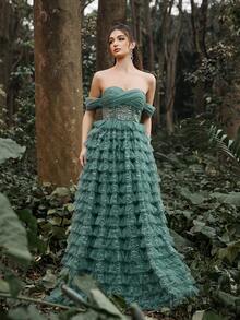 Faeriesty Elegant Layered Ruffle Mesh Overlay Pleated Formal Evening Gown - Dark Green - View 3