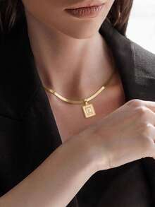 1pc Girl's Pendant Necklace, Minimalist Layered Design, Stainless Steel Flat Chain With Cubic Zirconia Inlaid Rectangular Shell Pendant, Versatile Daily Wear Gift Accessory - Yellow Gold - View 4