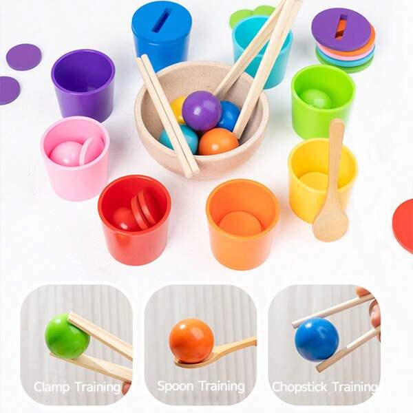 Gioco di abbinamento con tazze di legno per bambini di età superiore ai 3 anni, allena la coordinazione mano-occhio, l'uso di bacchette, cucchiai e pinze, adatto come regalo