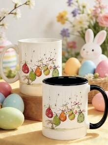1 Stück 325ml Keramik Kaffeetasse mit Hasen Blumen & Oster Grüße - Rosa & Grüne Frühlings Hasen, Tulpen & Eier Design - Nur Handwäsche, wiederverwendbare Tasse als Ostergeschenk, für Lehrer, Kollegen, Liebste oder Geburtstagsgeschenk - Weiße Teetasse für heiße/kalte Getränke - Verschiedenfarbig - Übersicht 1