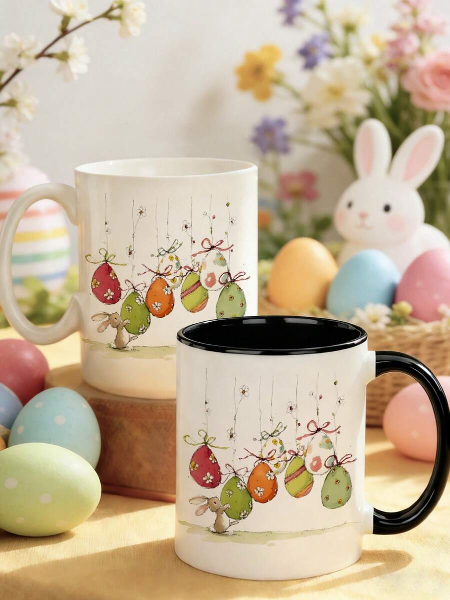 1 Stück 325ml Keramik Kaffeetasse mit Hasen Blumen & Oster Grüße - Rosa & Grüne Frühlings Hasen, Tulpen & Eier Design - Nur Handwäsche, wiederverwendbare Tasse als Ostergeschenk, für Lehrer, Kollegen, Liebste oder Geburtstagsgeschenk - Weiße Teetasse für heiße/kalte Getränke - Verschiedenfarbig - Übersicht 1