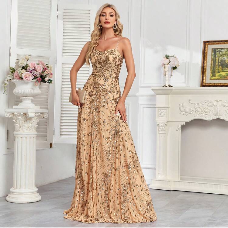 hezixi Elegante vestido de noche de lentejuelas sexy, estilo sirena largo, adecuado para bailes formales, fiestas de bodas de lujo, eventos de cóctel, también adecuado como invitado de boda, ceremonia de graduación, vestido de cena - Dorado - Añade 8