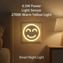 Đèn ngủ LED trắng ấm 0.5W với cảm biến thông minh, màu vàng ấm 2700K, thích hợp cho hành lang, phòng ngủ, phòng trẻ em, nhà bếp, cầu thang, thiết kế hình mặt cười (Lưu ý: Đèn ngủ này chỉ bật khi ánh sáng xung quanh đủ tối) - Phích cắm loại C của EU (220-240V) - Xem 10