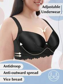 Plus Size Lace Wide Strap Bra - Smooth Thin Padding, Bow Decor, Underwire Support, Lace Trim - Black - View 3