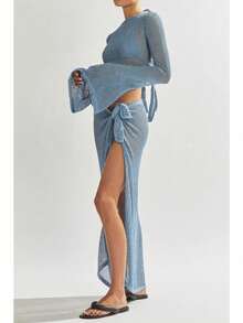 Women's Swimsuits Cover Ups Set For Crochet Bathing Suit Hollow Out 2 Piece Bikini Coverup Beach Swimwear - Màu xanh lam - Xem 2