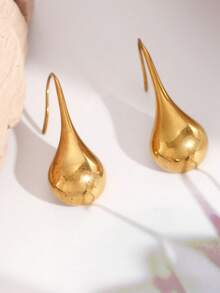 1 par de pendientes de botón minimalistas de acero inoxidable con forma de gota de agua para mujeres - Amarillo Oro - Ver 3