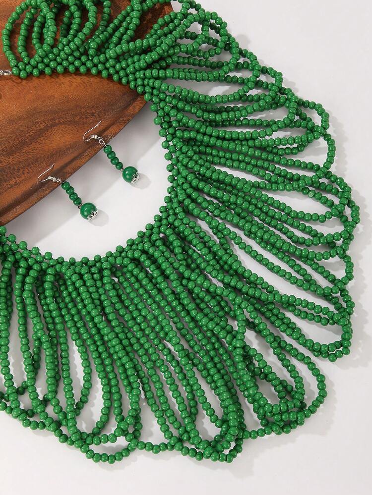 一套手工多层夸张木珠项链，波西米亚风围兜项链，适合海滩、派对、中东正式场合，精美首饰项链和耳环 - 綠色 - 查看 5